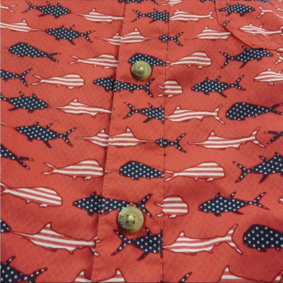 Columbia PFG Button Up Shirt Mens Large Red USA flag Fish Print Vented Fishing - Picture 3 of 12